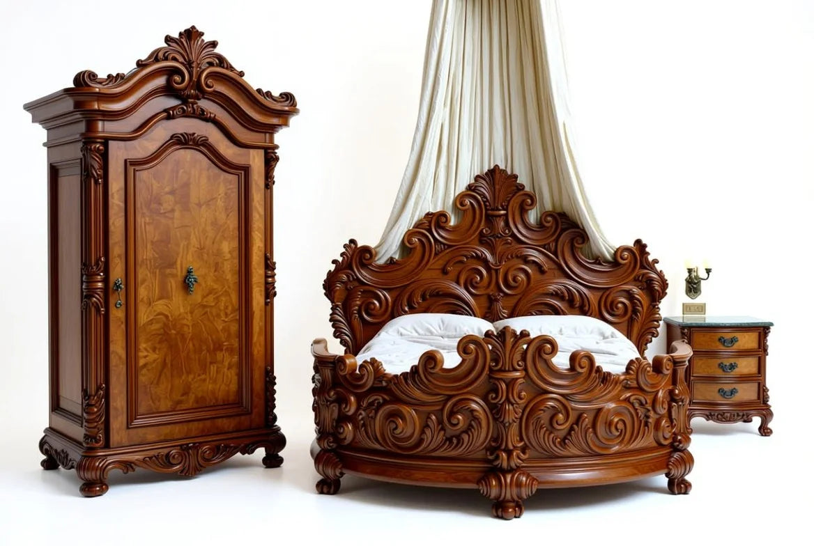 Grand Ornate Bedroom Set | Handcarved Solid Wood Bed in Rich Deep Finish| European Style