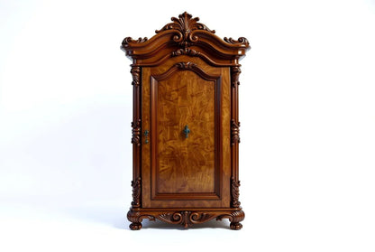 Royal French provincial one-door mahogany wardrobe with intricate gold carvings and burl veneer panels