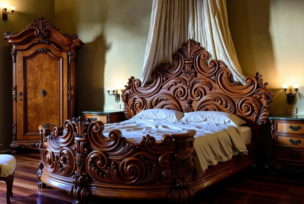 Side view of Monarch ornate mahogany bed with detailed hand-carved scrolls, curves and Louis XV elegance