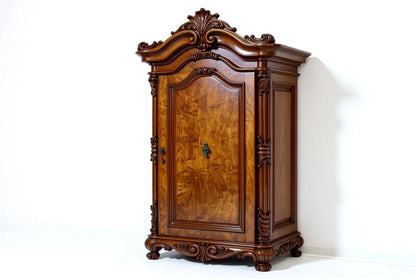 Royal French provincial single-door mahogany wardrobe with intricate gold carvings and burl veneer panels