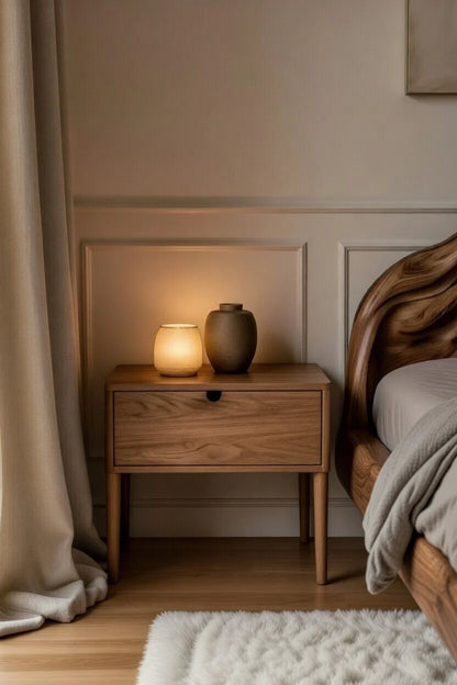 Wooden nightstand with a lamp and vase against a neutral wall in a bedroom setting.