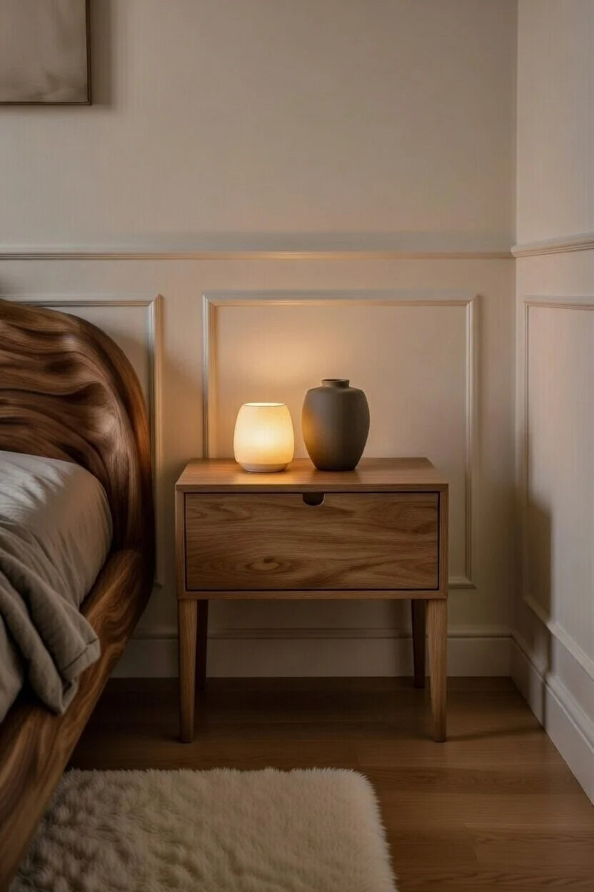 Wooden nightstand with a lamp and vase next to a bed in a bedroom.