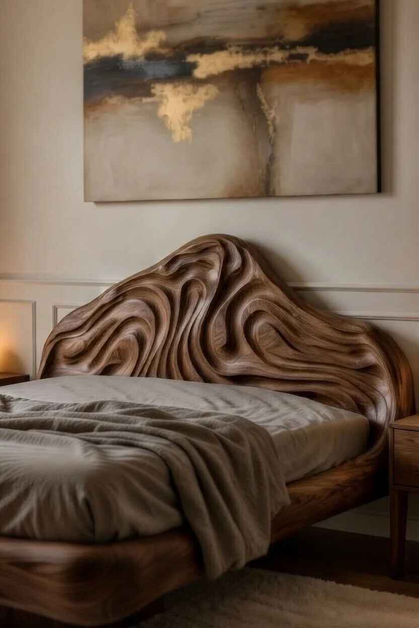 Contemporary organic floating platform bed in solid wood with sculptural base and matching modern nightstand in luxury bedroom interior