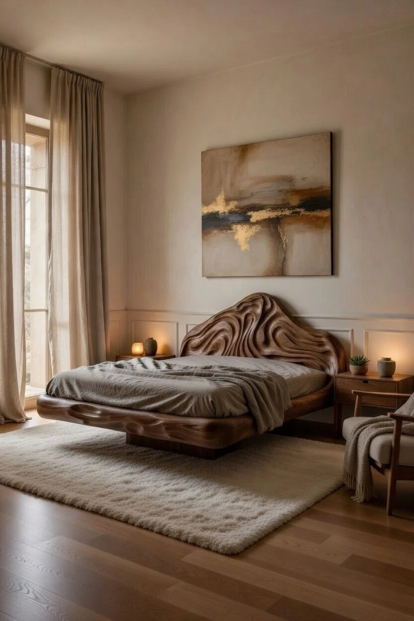 Luxury contemporary floating bed frame in organic wood finish with sculpted headboard in a warm minimalist bedroom setting