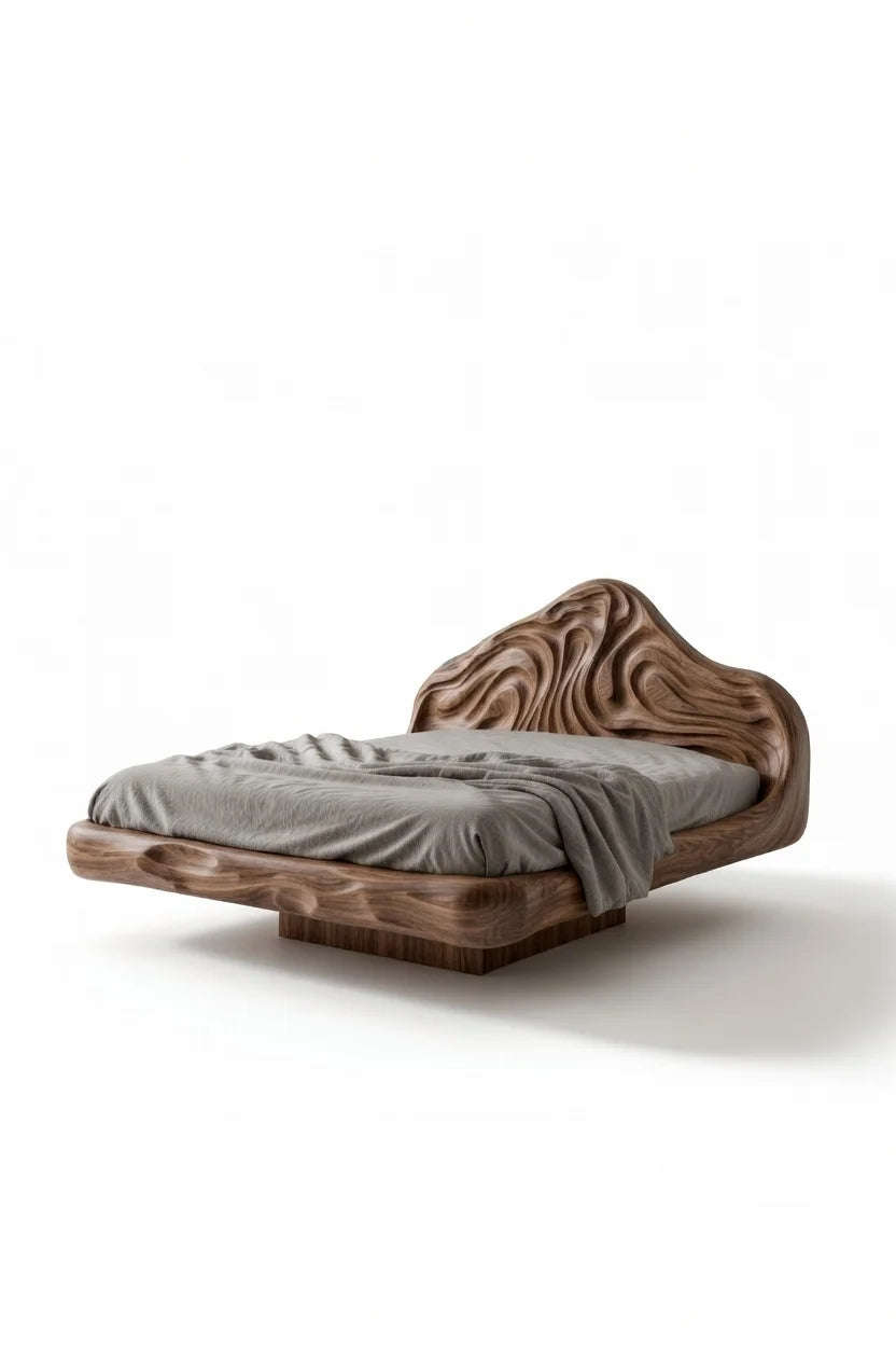 Modern low profile floating bed frame set in natural wood showing front and side angles of minimalist platform bed design