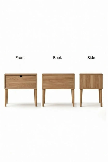 Wooden nightstand shown from front, back, and side views on a white background.