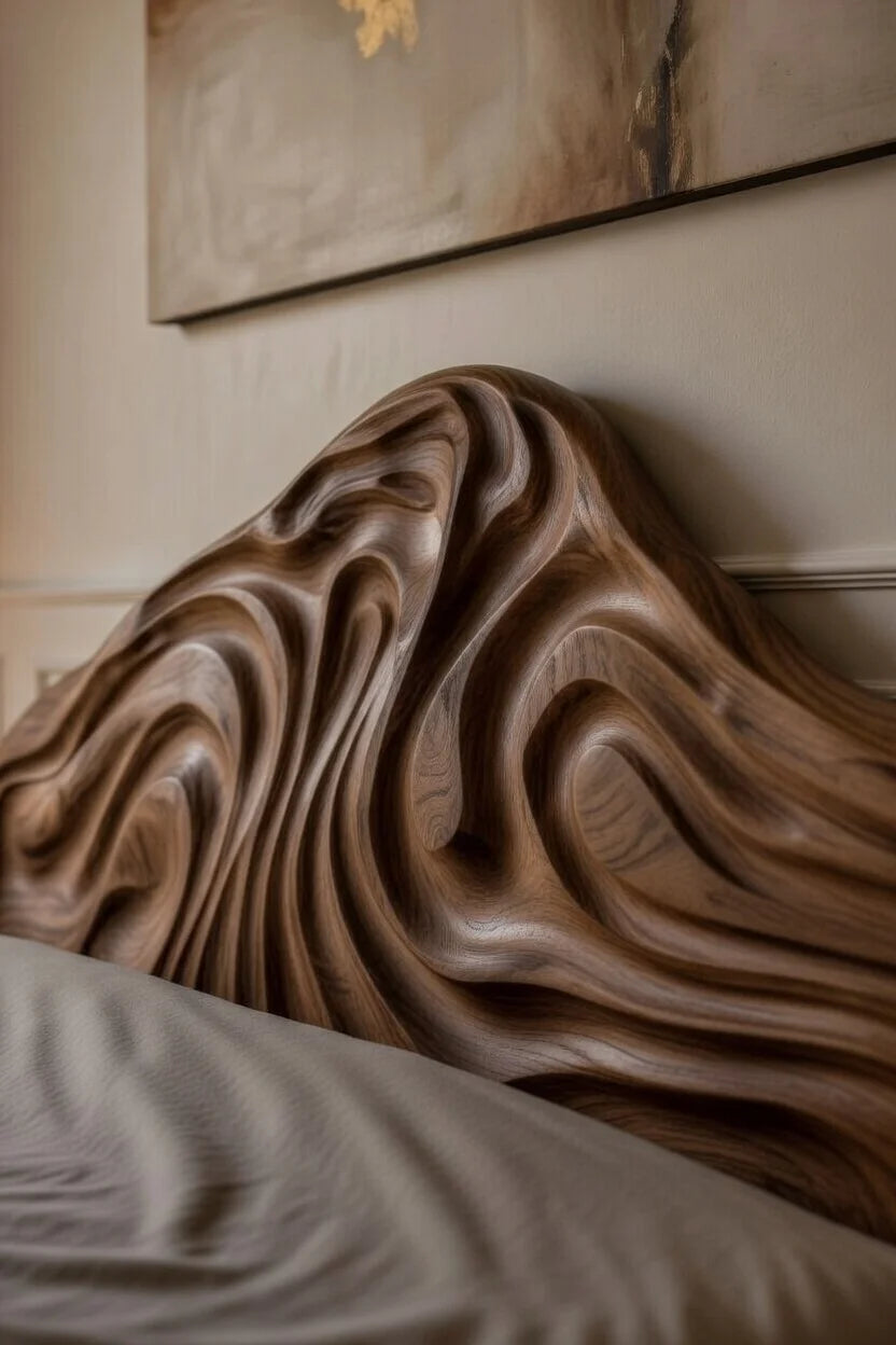 Close-up of sculpted organic wood headboard with flowing carved grain on a natural floating platform bed frame