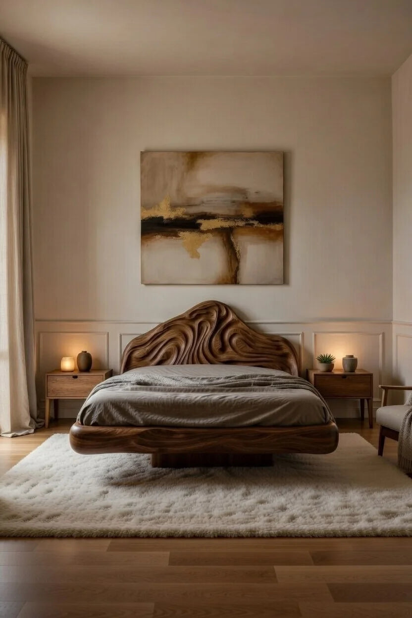 Natural organic floating bed frame in solid sculpted wood with curved headboard, low profile platform design for modern luxury master bedroom