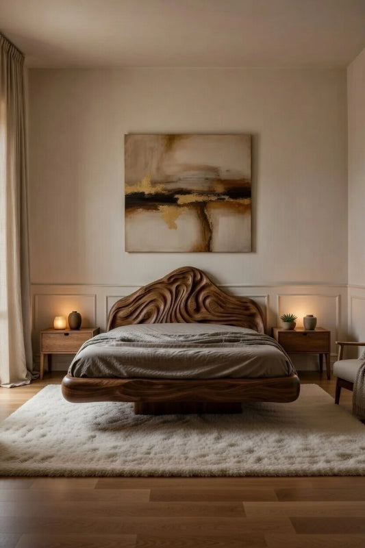 Natural organic floating bed frame in solid sculpted wood with curved headboard, low profile platform design for modern luxury master bedroom