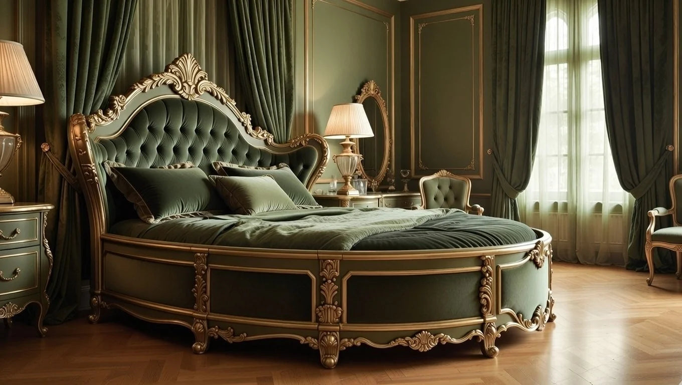 Luxury bedroom suite featuring a tufted olive green velvet round bed with gold leaf carving, matching wardrobe, and vanity