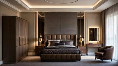 Opulence modern luxury bedroom set with tufted leather king bed, dark wood wardrobe and gold pendant lamps