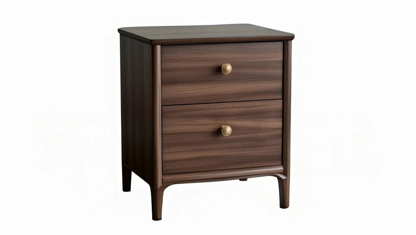 Premium dark walnut wood nightstand with drawers and gold knobs from opulence king bedroom set