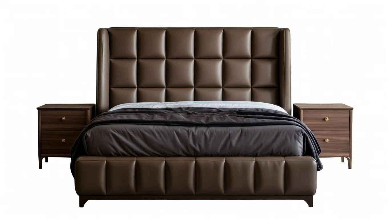 Opulence king size tufted brown leather upholstered bed with matching dark wood nightstands