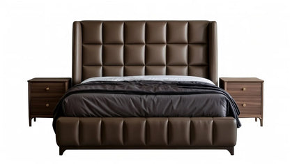 Opulence king size tufted brown leather upholstered bed with matching dark wood nightstands