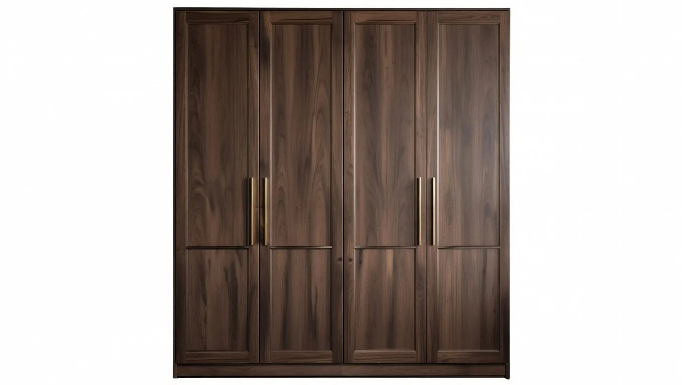 Spacious four-door dark wood wardrobe with gold handles in opulence luxury bedroom set
