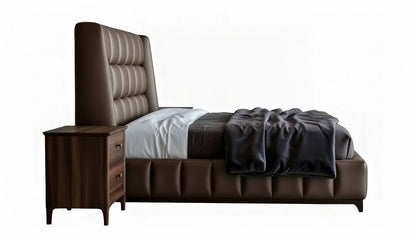 Side profile of opulence modern tufted brown leather king bed with dark wood accents