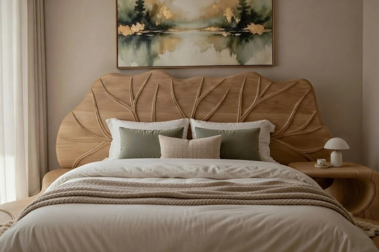 Close up of handcrafted organic modern wood headboard with sculpted branch pattern on luxury platform bed