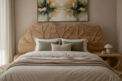Close up of handcrafted organic modern wood headboard with sculpted branch pattern on luxury platform bed