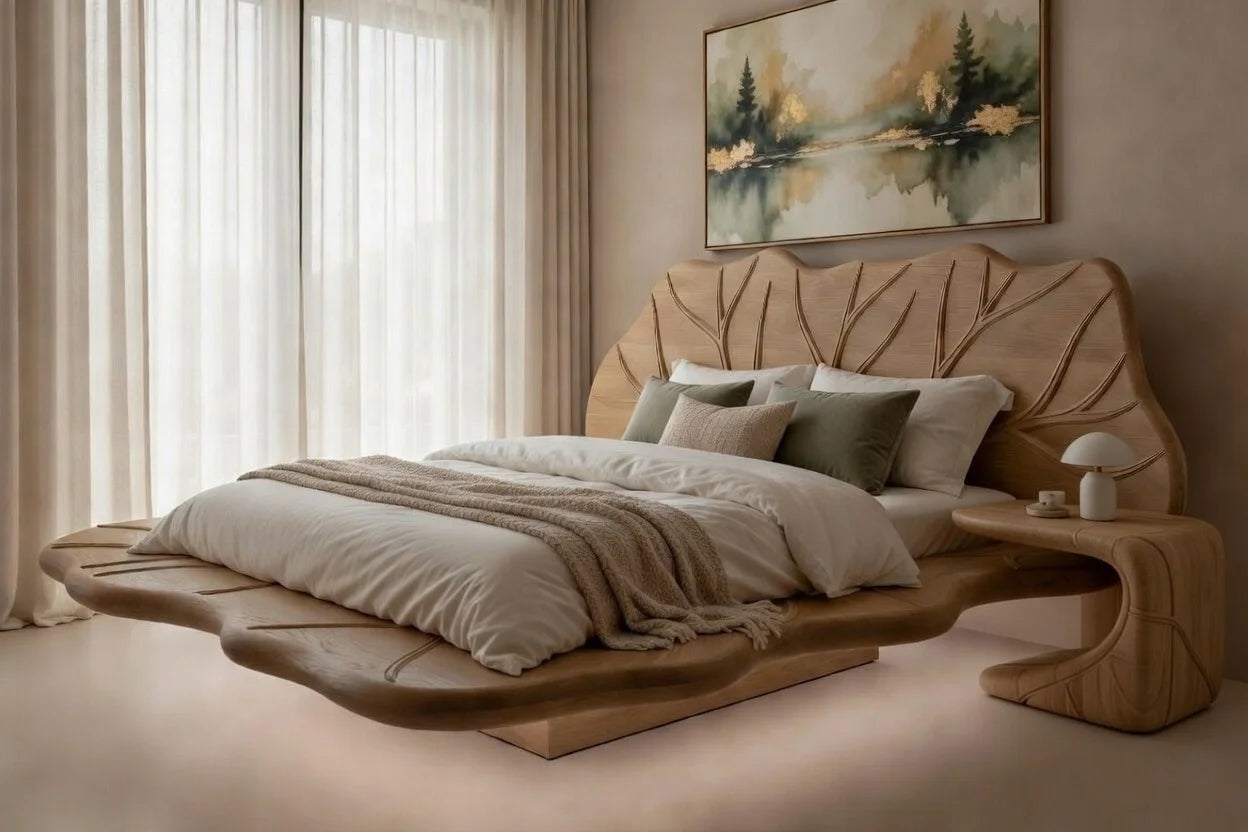Organic modern floating bed in luxury master bedroom with carved wood headboard and minimalist neutral decor