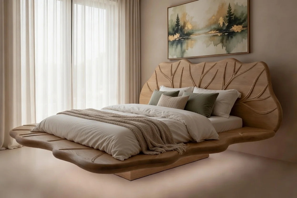 Low profile solid wood floating platform bed in contemporary master bedroom, organic modern furniture design