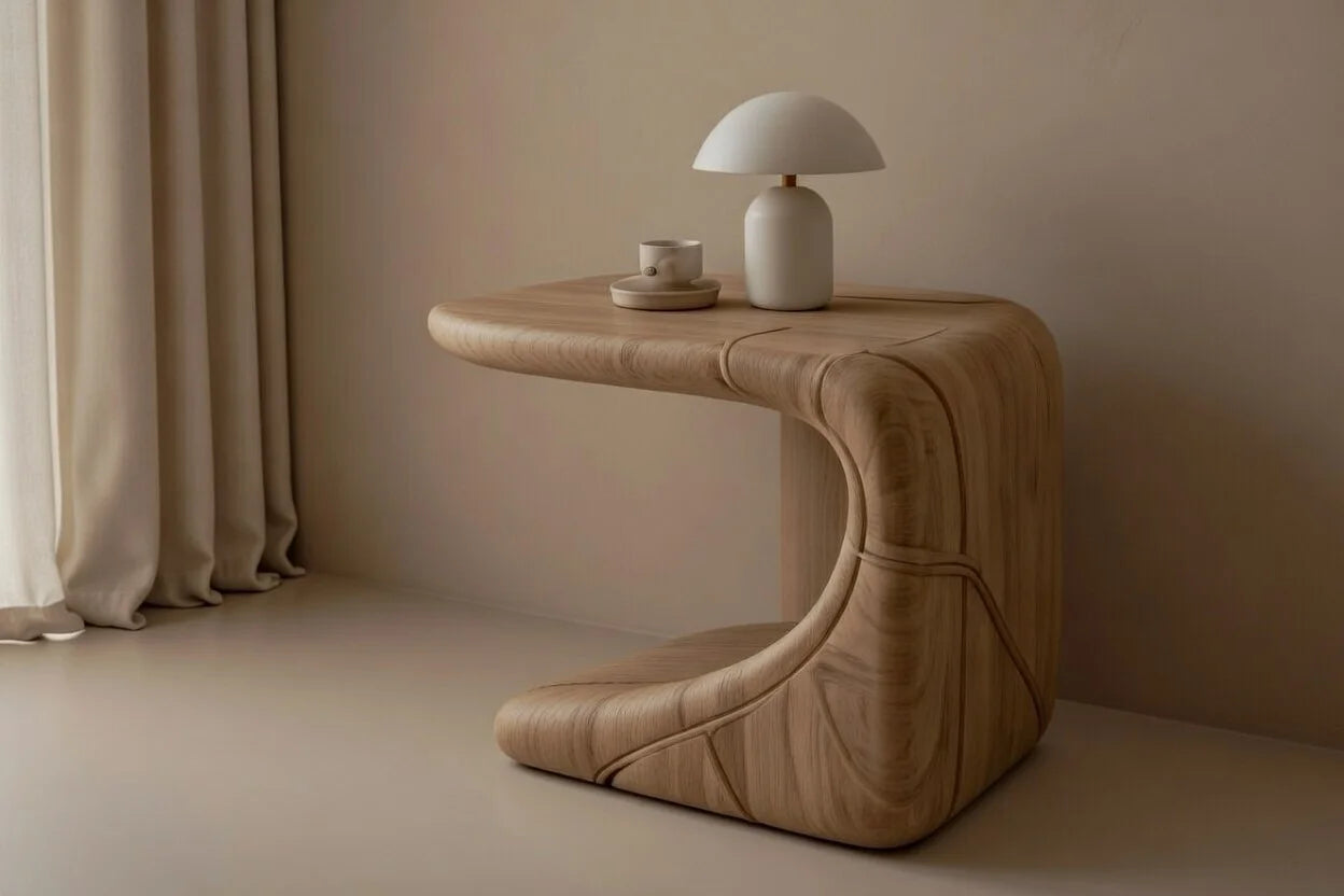 Matching sculptural solid wood nightstand for organic modern floating bed, minimalist luxury bedroom furniture