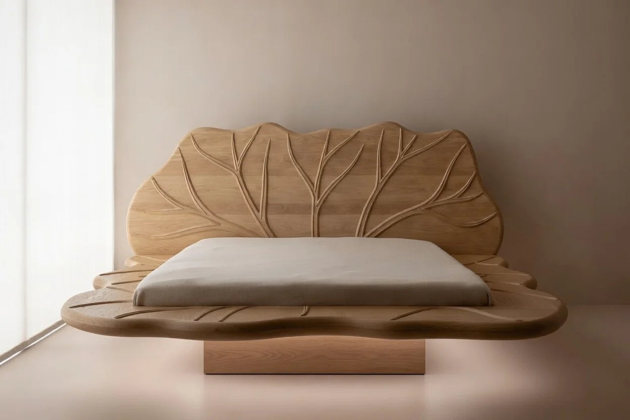 Organic modern floating bed frame in solid wood with sculptural leaf headboard, low profile platform bed for luxury master bedroom