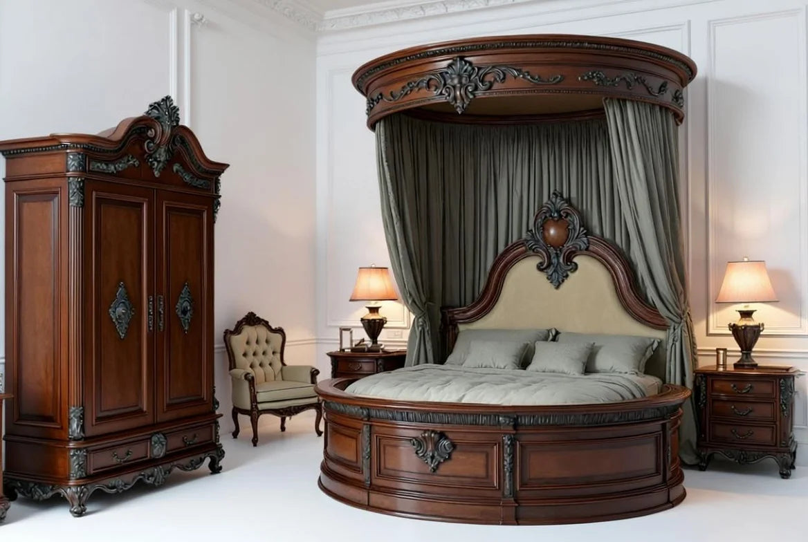 Luxurious Palace Veil French bedroom set featuring round canopy bed, ornate armoire and hand-carved details