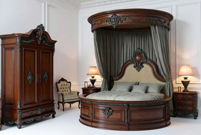Luxurious Palace Veil French bedroom set featuring round canopy bed, ornate armoire and hand-carved details