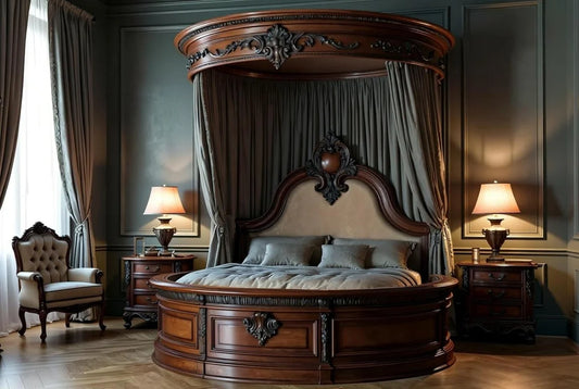 Luxurious Palace Veil French bedroom set featuring round canopy bed, ornate armoire and hand-carved details