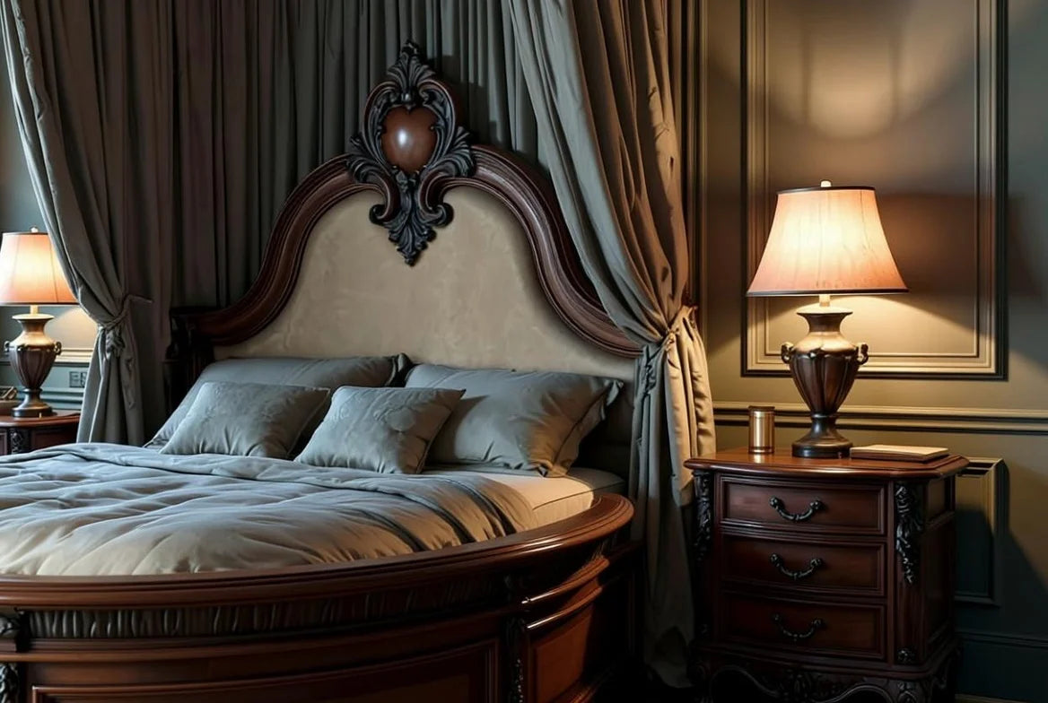 Close-up detail of Palace Veil French style hand-carved round canopy bed with carved nightstand
