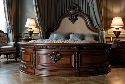 Close-up detail of Palace Veil French style hand-carved round canopy bed with ornate crown and scrollwork