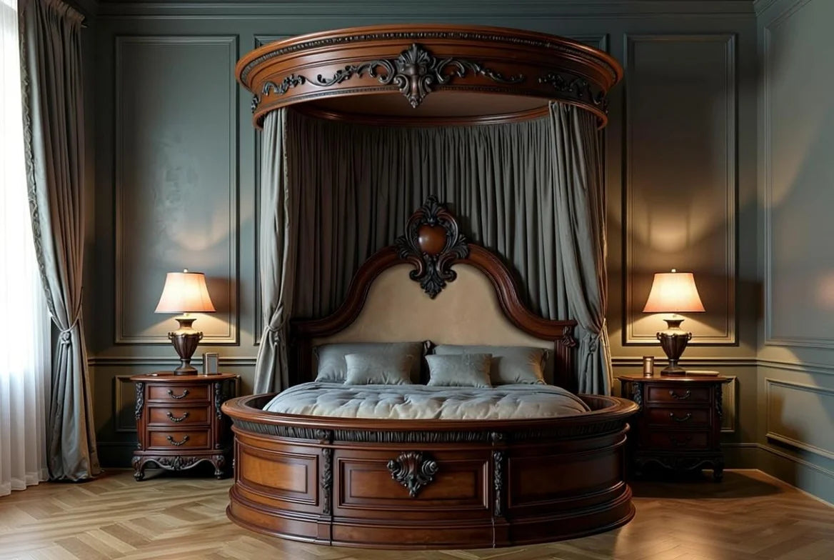 Palace Veil luxury round hand-carved French canopy bed in rich mahogany with intricate carvings