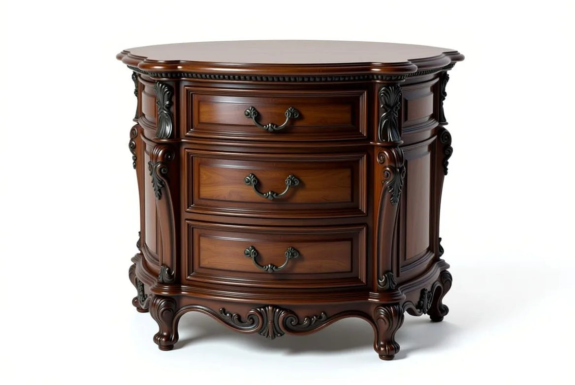 Palace Veil hand-carved French style round wooden nightstand with ornate carvings