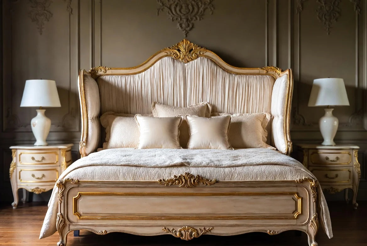 Luxury upholstered panel bed in solid wood with hand-carved French style frame and tufted wingback headboard
