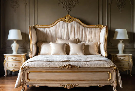 Luxury upholstered panel bed in solid wood with hand-carved French style frame and tufted wingback headboard