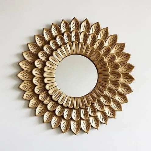 Elara Gold Sunflower Wooden Handcarved Wall Mirror | Sunburst Style Round Decorative Mirror in Warm Gold | Timeless Luxury Vanity & Living Room Mirror