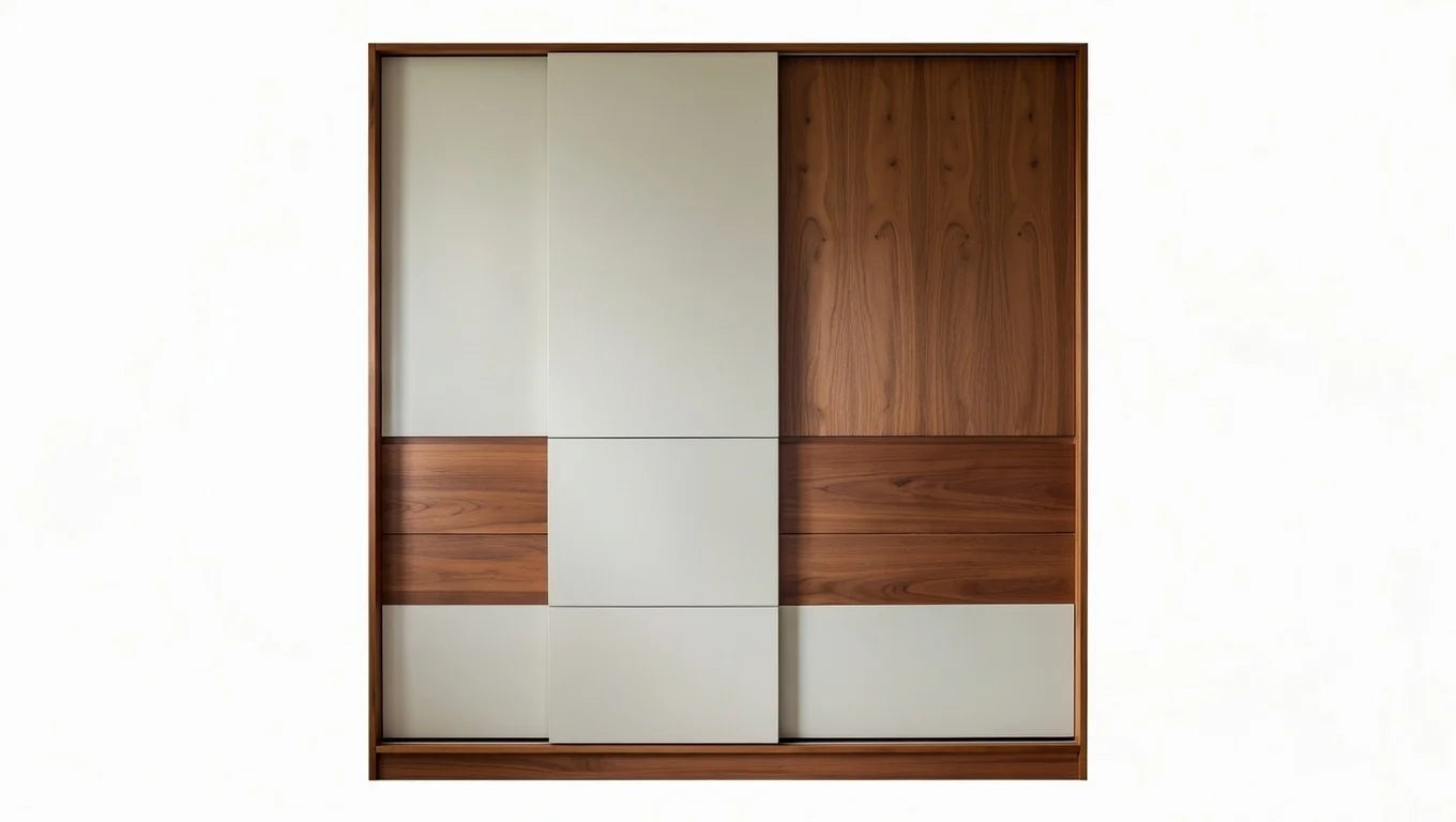 Premium sliding door wardrobe in rich walnut wood with beige panels from modern king size bedroom set