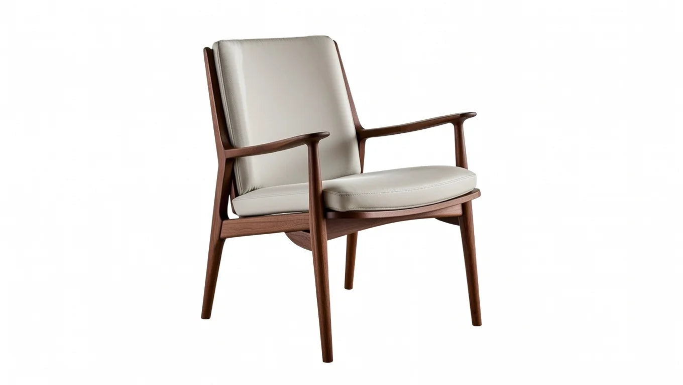 Luxury beige upholstered accent chair with solid walnut wood frame in contemporary bedroom collection
