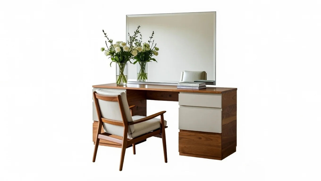 Premium walnut wood dressing table with large mirror, drawers and matching beige chair for king bedroom set
