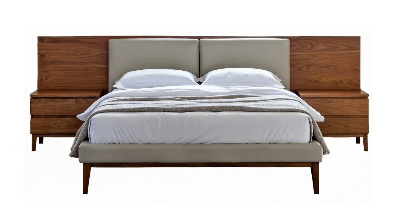 King size beige upholstered platform bed with extended walnut headboard and integrated nightstands