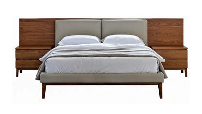 King size beige upholstered platform bed with extended walnut headboard and integrated nightstands