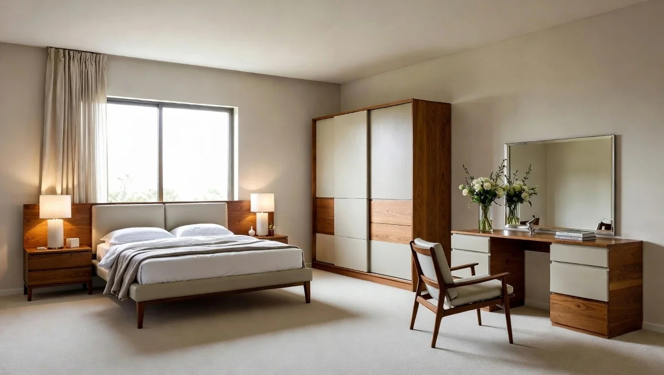 Full premium modern walnut king size bedroom set with sliding wardrobe, upholstered bed, dressing table and natural light
