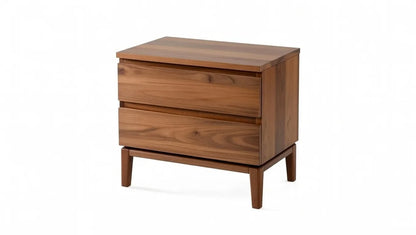 Wooden nightstand with two drawers on a white background