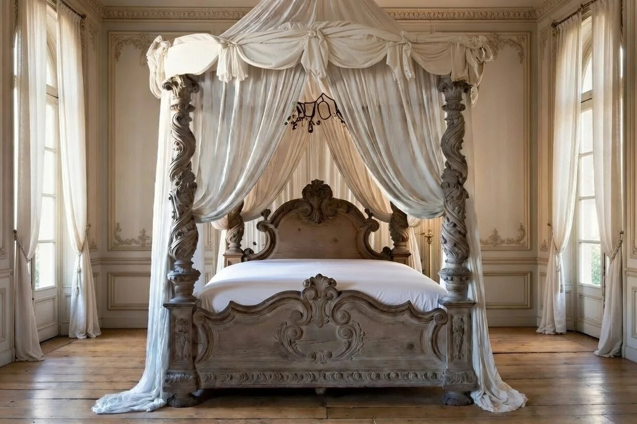 Full front view of a custom Rococo style carved wood 4 poster bed with a white canopy and matching drapes in a French-style interior