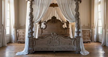 Grand Provincial European bedroom set featuring a custom Rococo canopy bed and matching hand-carved wood nightstands on hardwood floors