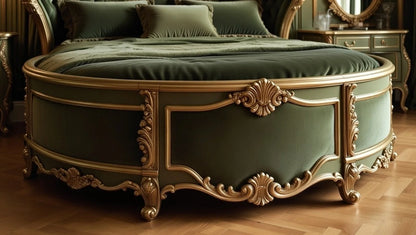 Decorative round ottoman with gold accents in a room setting