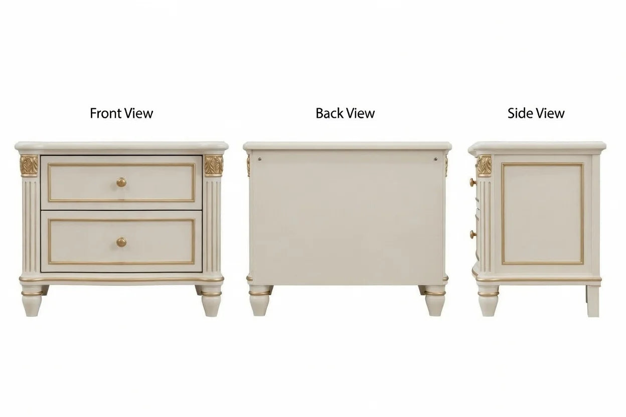 White nightstand with gold accents shown from front, back, and side views on a white background.