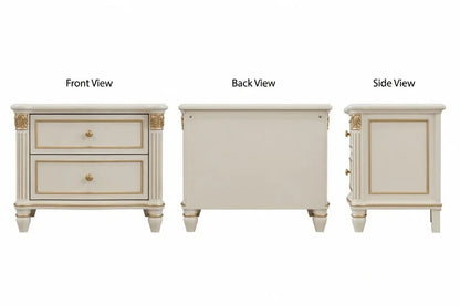 White nightstand with gold accents shown from front, back, and side views on a white background.
