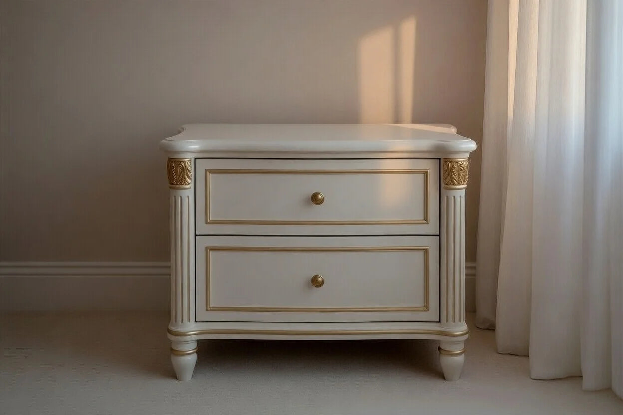 Matching luxury solid wood nightstand with two drawers and antique gold finishes to complement the round four-poster bed.