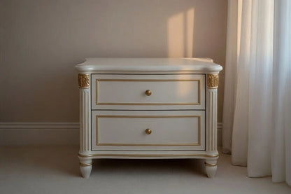 Matching luxury solid wood nightstand with two drawers and antique gold finishes to complement the round four-poster bed.
